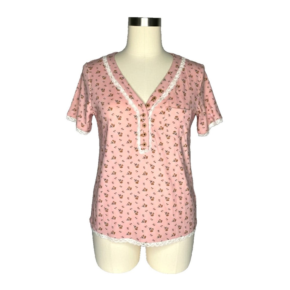 POL Medium Pink Floral Lace trimmed Boxy Short sleeve blouse boho Festival Chic